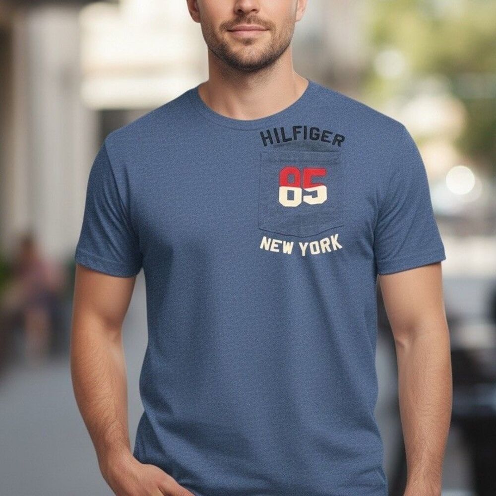 Tommy Hilfiger T-Shirt Mens 2XL Blue Heather Hilfiger 85 New York Logo Pocket